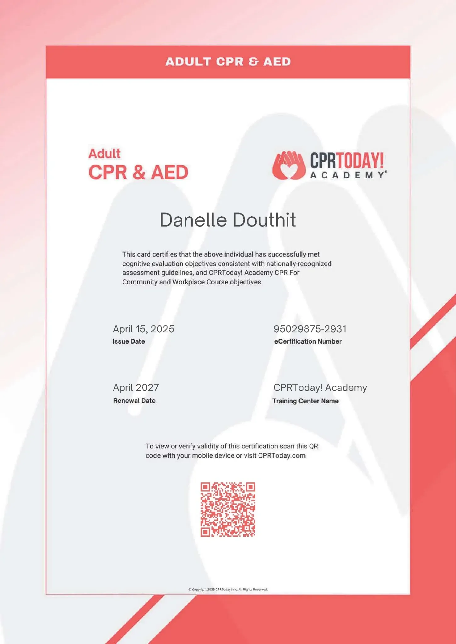 Adult, Child and Infant CPR Certificate